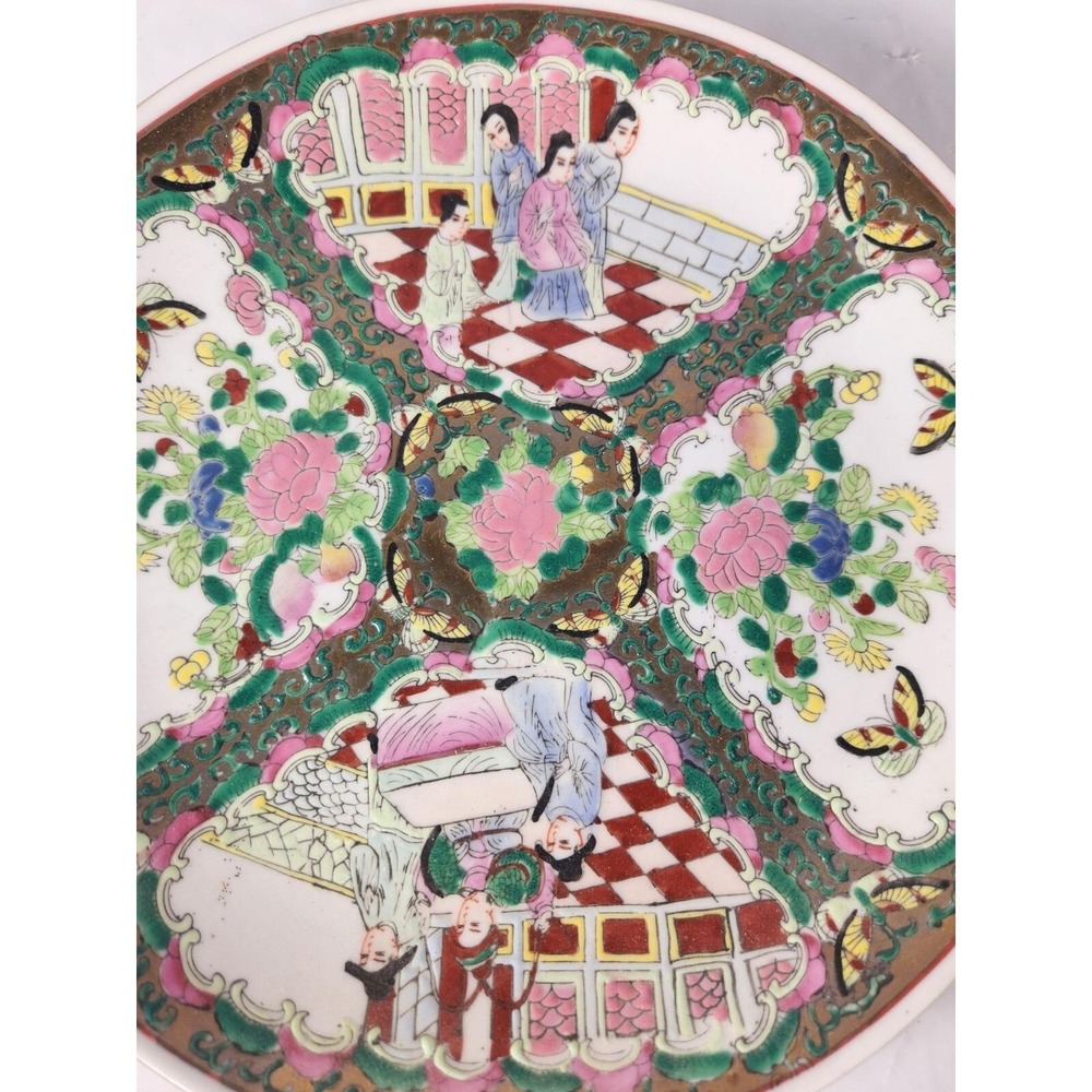 Rose Medallion Platter Chop Plate 10" Gold Trim Floral Vintage Chinese Handpaint - Picture 2 of 4